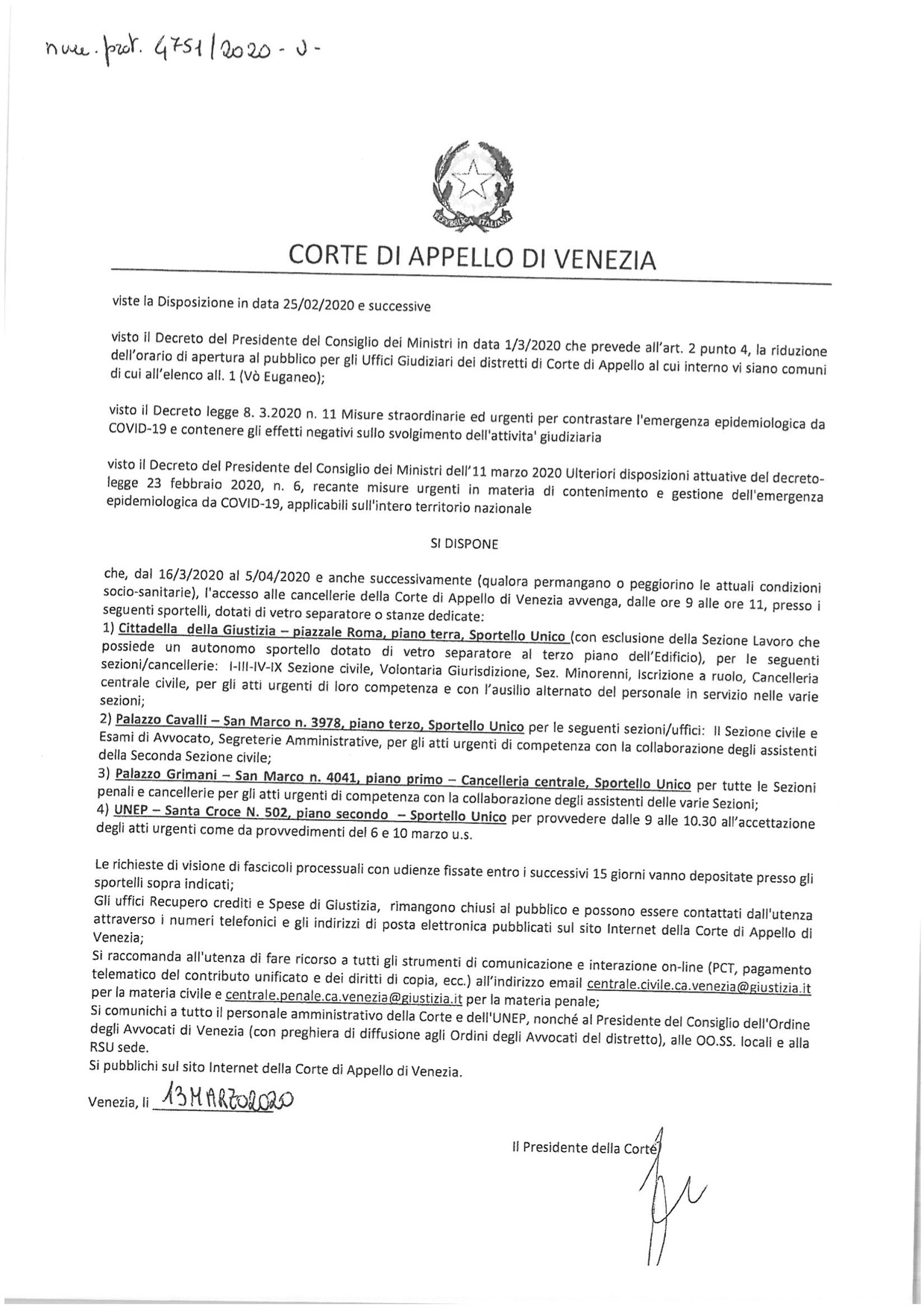 Provvedimento Presidente Corte d'Appello di Venezia 13.03.2020 in tema di accesso alle Cancellerie